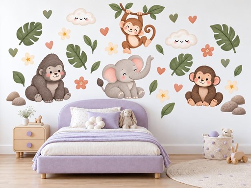 Gorilka, opičky a slůně samolepky na zeď, Gorilka, opičky a slůně tapety na zeď, Gorilka, opičky a slůně dekorace na zeď, Gorilka, opičky a slůně nálepky na zeď