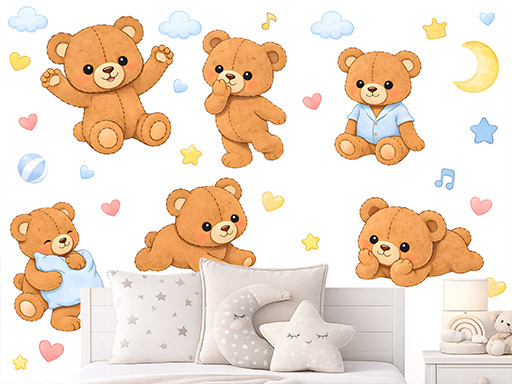 Hnědí medvídci samolepky na zeď, Hnědí medvídci nálepky na zeď pro děti, Hnědí medvídci dětské dekorace na zeď, Hnědí medvídci samolepící nálepky na zeď