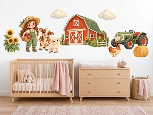 Holčička na farmě samolepky na zeď, Holčička na farmě tapety na zeď, Holčička na farmě dekorace na zeď, Holčička na farmě nálepky na zeď