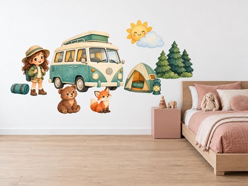 Holčička na kempování samolepky na zeď, Holčička na kempování tapety na zeď, Holčička na kempování dekorace na zeď, Holčička na kempování nálepky na zeď