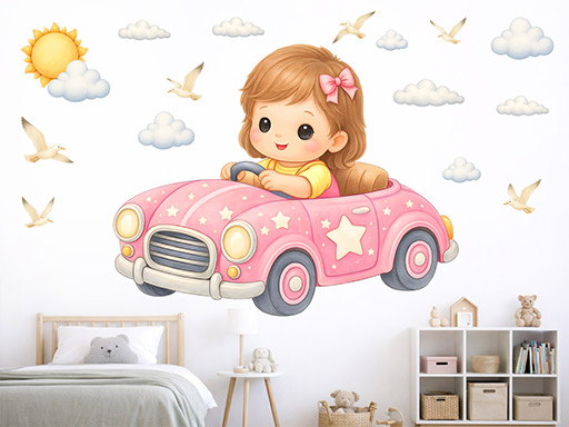 Holčička v autíčku samolepky na zeď, Děvčátko v autíčku nálepky na stěnu, Holka v autíčku dekorace na zdi, Dívka v autíčku tapety na zdi