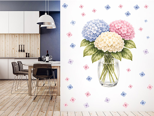 Hortenzie ve váze samolepky na zeď, Hortenzie ve váze tapety na zeď, Hortenzie ve váze dekorace na zeď, Hortenzie ve váze nálepky na zeď