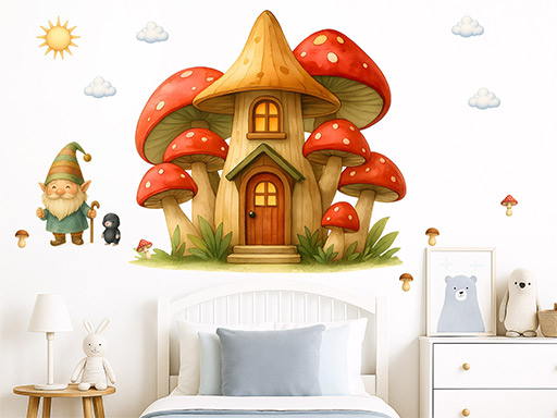 Houbový dům samolepky na zeď, Houbový dům nálepky na zeď, Houbový dům dekorace na zeď, Houbový dům samolepící nálepky na zeď