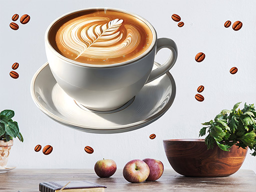 Hrnek kávy lungo samolepka na zeď, Hrnek kávy lungo nálepky na zeď, Hrnek kávy lungo dekorace na stěnu, Hrnek kávy lungo samolepící dekor na stěny, Hrnek kávy lungo samolepící tapety na zeď