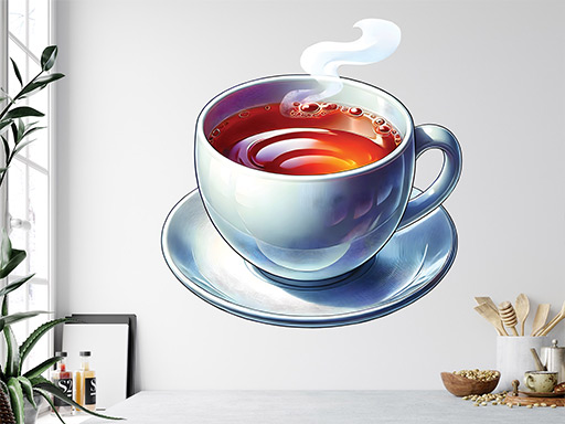 Hrnek s čajem samolepka na zeď, Hrnek s čajem nálepky na zeď, Hrnek s čajem dekorace na stěnu, Hrnek s čajem samolepící dekor na stěny, Hrnek s čajem samolepící tapety na zeď