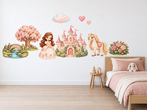 Jarní princezna s poníkem samolepky na zeď, Jarní princezna s poníkem tapety na zeď, Jarní princezna s poníkem dekorace na zeď, Jarní princezna s poníkem nálepky na zeď