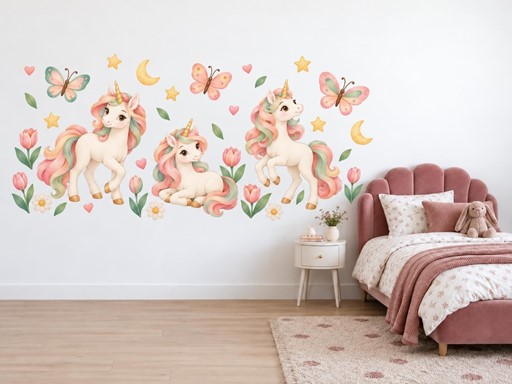 Jednorožci mezi tulipány samolepky na zeď, Jednorožci mezi tulipány tapety na zeď, Jednorožci mezi tulipány dekorace na zeď, Jednorožci mezi tulipány nálepky na zeď