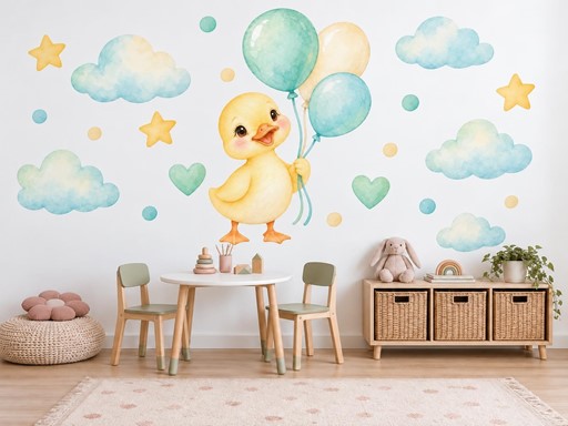 Kachňátko s balonky samolepky na zeď, Kachňátko s balonky tapety na zeď, Kachňátko s balonky dekorace na zeď, Kachňátko s balonky nálepky na zeď