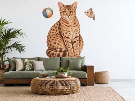 Kočka ocicat s míčkem a myškou samolepky na zeď, Kočka ocicat s míčkem a myškou tapety na zeď, Kočka ocicat s míčkem a myškou dekorace na zeď, Kočka ocicat s míčkem a myškou nálepky na zeď