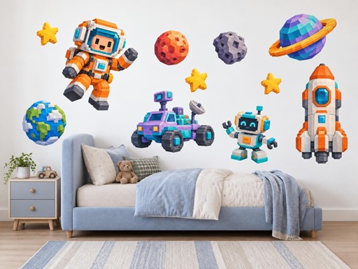Kosmonaut a robot ve vesmíru samolepky na zeď, Kosmonaut a robot ve vesmíru tapety na zeď, Kosmonaut a robot ve vesmíru dekorace na zeď, Kosmonaut a robot ve vesmíru nálepky na zeď
