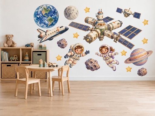 Kosmonauti u vesmírné stanice samolepky na zeď, Kosmonauti u vesmírné stanice tapety na zeď, Kosmonauti u vesmírné stanice dekorace na zeď, Kosmonauti u vesmírné stanice nálepky na zeď