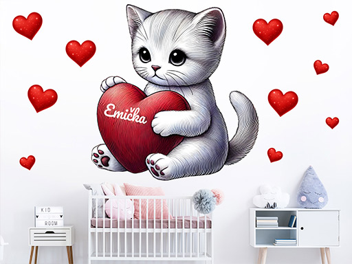 Koťátko se srdíčkem a jménem dekorace na zeď samolepky na zeď, Koťátko se srdíčkem a jménem dekorace na zeď, Koťátko se srdíčkem a jménem samolepící dekorace na zdi, Koťátko se srdíčkem a jménem dekorace na zeď nálepky na stěnu