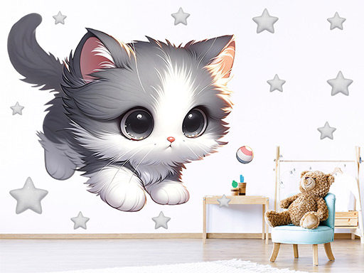 Kotě samolepka na zeď, Kotě nálepky na zeď, Kotě dekorace na stěnu, Kotě samolepící dekor na stěny, Kotě samolepící tapety na zeď