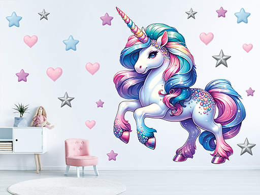 Kouzelný jednorožec samolepky na zeď, Kouzelný jednorožec do dětského pokoje samolepky na zeď, Kouzelný jednorožec nálepky na zeď, Kouzelný jednorožec pro děti dekorace na zeď, Kouzelný jednorožec samolepící nálepky na zeď