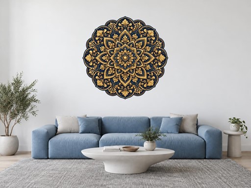 Královská zlatomodrá mandala samolepky na zeď, Královská zlatomodrá mandala tapety na zeď, Královská zlatomodrá mandala dekorace na zeď, Královská zlatomodrá mandala nálepky na zeď