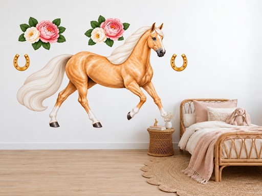 Kůň palomino s pivoňkami samolepky na zeď, Kůň palomino s pivoňkami tapety na zeď, Kůň palomino s pivoňkami dekorace na zeď, Kůň palomino s pivoňkami nálepky na zeď