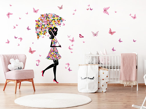 Květinová dívka a motýli samolepky na zeď, Květinová dívka a motýli nálepky na stěnu, Květinová dívka a motýli dekorace na zdi, Květinová dívka a motýli tapety na zdi