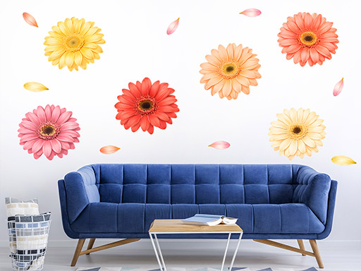 Květy gerbery samolepky na zeď, Květy gerbery tapety na zeď, Květy gerbery dekorace na zeď, Květy gerbery nálepky na zeď