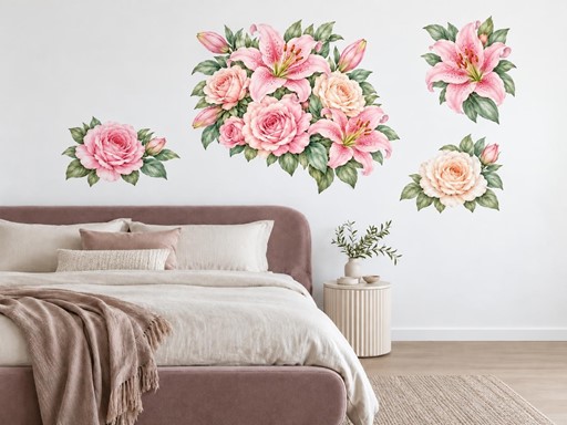 Kytice růží a lilií samolepky na zeď, Kytice růží a lilií tapety na zeď, Kytice růží a lilií dekorace na zeď, Kytice růží a lilií nálepky na zeď