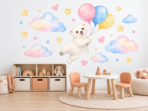 Lední medvídek s balonky samolepky na zeď, Lední medvídek s balonky tapety na zeď, Lední medvídek s balonky dekorace na zeď, Lední medvídek s balonky nálepky na zeď