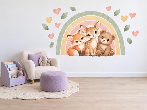 Lesní kamarádi pod duhou samolepky na zeď, Lesní kamarádi pod duhou tapety na zeď, Lesní kamarádi pod duhou dekorace na zeď, Lesní kamarádi pod duhou nálepky na zeď