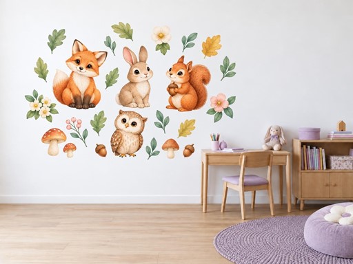 Lesní přátelé mezi kvítky samolepky na zeď, Lesní přátelé mezi kvítky tapety na zeď, Lesní přátelé mezi kvítky dekorace na zeď, Lesní přátelé mezi kvítky nálepky na zeď