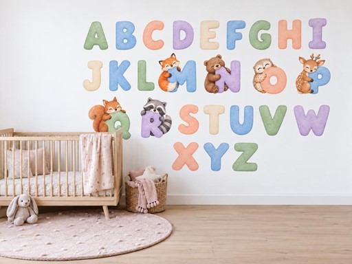 Lesní zvířátka objímají abecedu samolepky na zeď, Lesní zvířátka objímají abecedu tapety na zeď, Lesní zvířátka objímají abecedu dekorace na zeď, Lesní zvířátka objímají abecedu nálepky na zeď