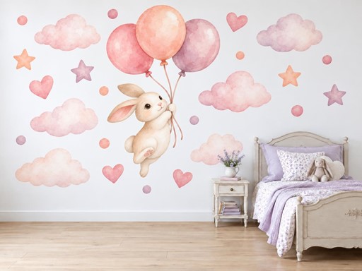 Letící zajíček s balonky samolepky na zeď, Letící zajíček s balonky tapety na zeď, Letící zajíček s balonky dekorace na zeď, Letící zajíček s balonky nálepky na zeď