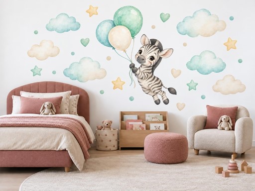 Letící zebřička s balonky