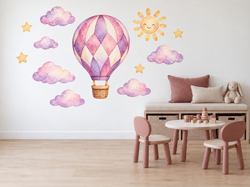 Lila balón mezi obláčky samolepky na zeď, Lila balón mezi obláčky tapety na zeď, Lila balón mezi obláčky dekorace na zeď, Lila balón mezi obláčky nálepky na zeď