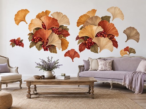 Listy ginkga s červenými bobulemi samolepky na zeď, Listy ginkga s červenými bobulemi tapety na zeď, Listy ginkga s červenými bobulemi dekorace na zeď, Listy ginkga s červenými bobulemi nálepky na zeď