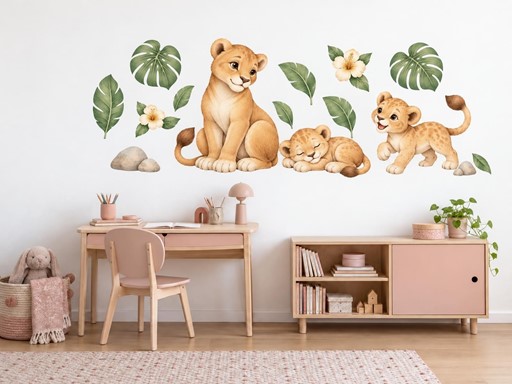 Lví rodinka mezi listy samolepky na zeď, Lví rodinka mezi listy tapety na zeď, Lví rodinka mezi listy dekorace na zeď, Lví rodinka mezi listy nálepky na zeď