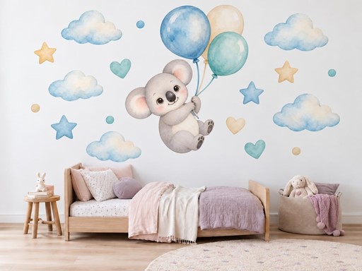Malá koala s balonky samolepky na zeď, Malá koala s balonky tapety na zeď, Malá koala s balonky dekorace na zeď, Malá koala s balonky nálepky na zeď
