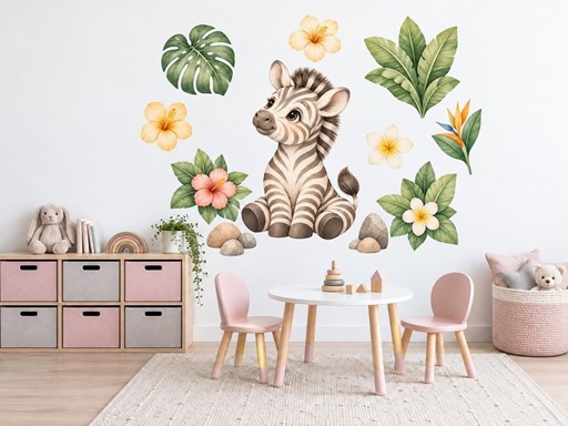 Malá zebra mezi tropickými květy