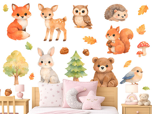 Malovaná zvířátka z lesa samolepky na zeď, Malovaná zvířátka z lesa nálepky na zeď pro děti, Malovaná zvířátka z lesa dětské dekorace na zeď, Malovaná zvířátka z lesa samolepící nálepky na zeď