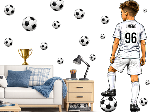 Malý fotbalista dres jméno na přání samolepky na zeď, Malý fotbalista dres jméno na přání nálepky na zeď, Malý fotbalista dres jméno na přání dekorace na zeď, Malý fotbalista dres jméno na přání samolepící nálepky na zeď