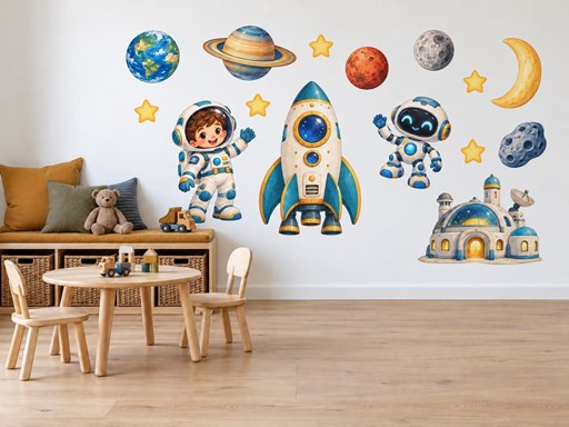 Malý kosmonaut ve vesmíru samolepky na zeď, Malý kosmonaut ve vesmíru tapety na zeď, Malý kosmonaut ve vesmíru dekorace na zeď, Malý kosmonaut ve vesmíru nálepky na zeď