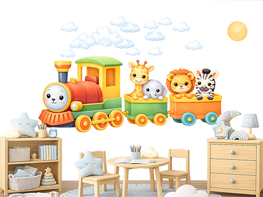 Malý vláček se zvířátky samolepky na zeď, Malý vláček se zvířátky tapety na zeď, Malý vláček se zvířátky dekorace na zeď, Malý vláček se zvířátky nálepky na zeď
