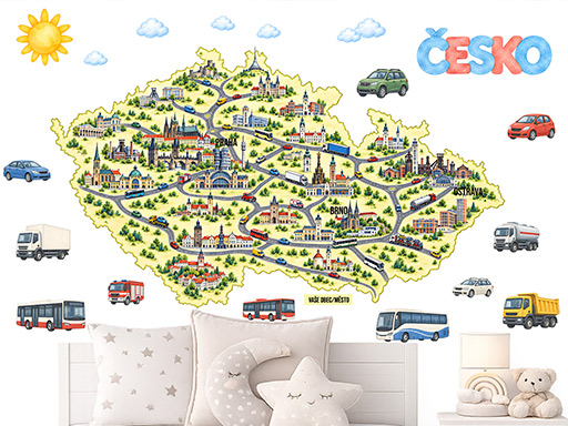 Mapa Česko auta budovy samolepky na zeď, Mapa Česko auta budovy tapety na zeď, Mapa Česko auta budovy dekorace na zeď, Mapa Česko auta budovy nálepky na zeď