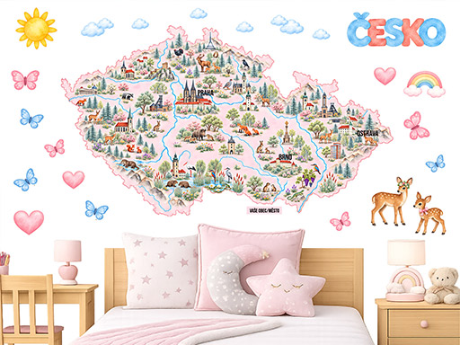 Mapa Česko pro holky samolepky na zeď, Mapa Česko pro holky tapety na zeď, Mapa Česko pro holky dekorace na zeď, Mapa Česko pro holky nálepky na zeď