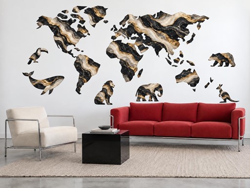 Mapa světa se zlatými vlnami samolepky na zeď, Mapa světa se zlatými vlnami tapety na zeď, Mapa světa se zlatými vlnami dekorace na zeď, Mapa světa se zlatými vlnami nálepky na zeď