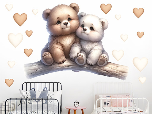 Méďové na větvi samolepky na zeď, Méďové na větvi nálepky na zeď pro děti, Méďové na větvi dětské dekorace na zeď, Méďové na větvi samolepící nálepky na zeď