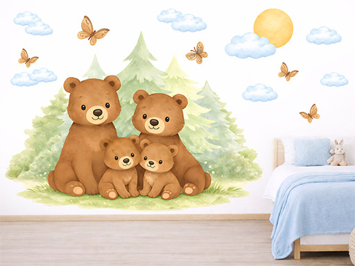 Medvědí rodina samolepky na zeď, Medvědí rodina nálepky na zeď pro děti, Medvědí rodina dětské dekorace na zeď, Medvědí rodina samolepící nálepky na zeď