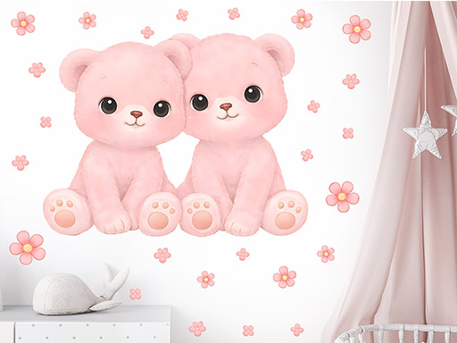 Medvídci a květiny samolepky na zeď, Medvídci a květiny nálepky na zeď pro děti, Medvídci a květiny dětské dekorace na zeď, Medvídci a květiny samolepící nálepky na zeď
