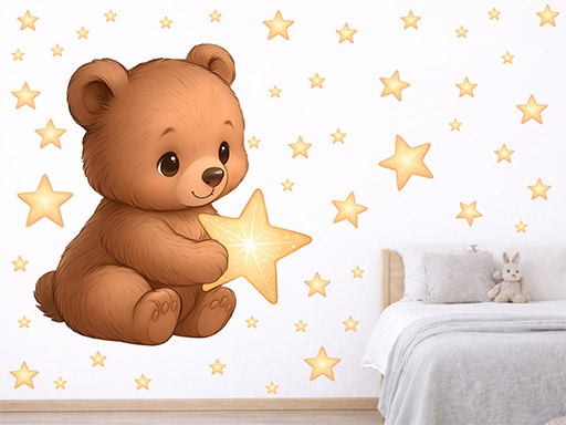 Medvídek a hvězdičky samolepky na zeď, Medvídek a hvězdičky tapety na zeď, Medvídek a hvězdičky dekorace na zeď, Medvídek a hvězdičky nálepky na zeď