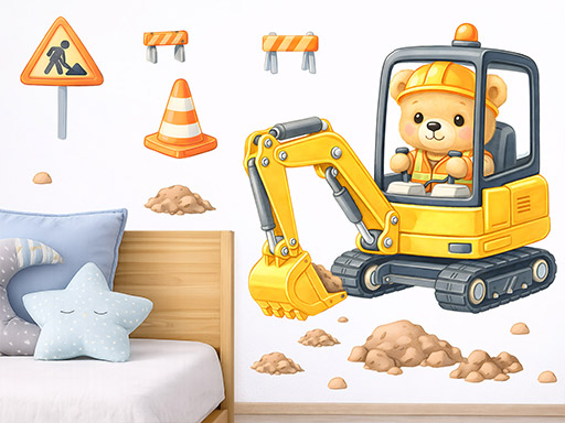 Medvídek bagrista samolepka na zeď, Medvídek bagrista nálepky na zeď, Medvídek bagrista dekorace na stěnu, Medvídek bagrista samolepící dekor na stěny, Medvídek bagrista samolepící tapety na zeď