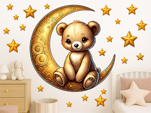 Medvídek na měsíci samolepka na zeď, Medvídek na měsíci nálepka na zeď, Medvídek na měsíci dětská dekorace na zeď, Medvídek na měsíci samolepící nálepka na zeď, Medvídek na měsíci samolepka na zeď pro děti