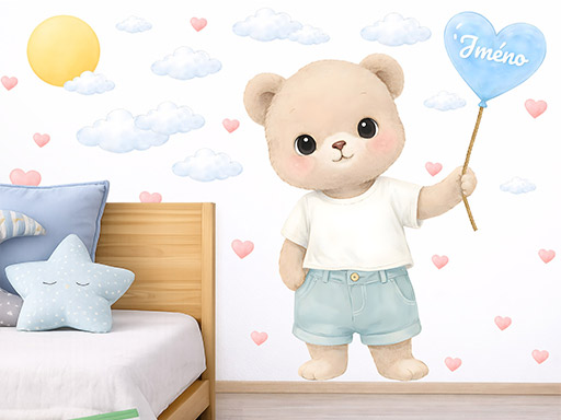 Medvídek s balónkem a jménem samolepky na zeď, Medvídek s balónkem a jménem tapety na zeď, Medvídek s balónkem a jménem dekorace na zeď, Medvídek s balónkem a jménem nálepky na zeď