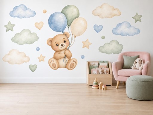 Medvídek s balonky mezi mráčky samolepky na zeď, Medvídek s balonky mezi mráčky tapety na zeď, Medvídek s balonky mezi mráčky dekorace na zeď, Medvídek s balonky mezi mráčky nálepky na zeď