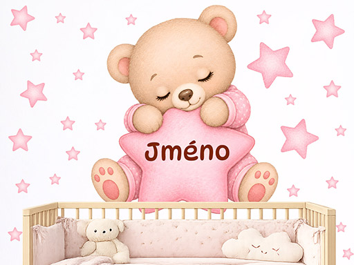 Medvídek s hvězdou a jménem růžová samolepky na zeď, Medvídek s hvězdou a jménem růžová tapety na zeď, Medvídek s hvězdou a jménem růžová dekorace na zeď, Medvídek s hvězdou a jménem růžová nálepky na zeď